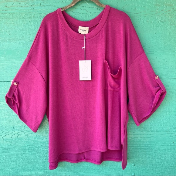 ANDREE Solid Hi-Low Chest Pocket Top MAGENTA PURPLE SIZE 1X NWT - Picture 1 of 9